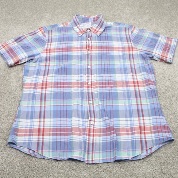 Brooks Brothers Regent Shirt Men Large Blue/Red Plaid Cotton Short Sleeve Button - Picture 2 of 12